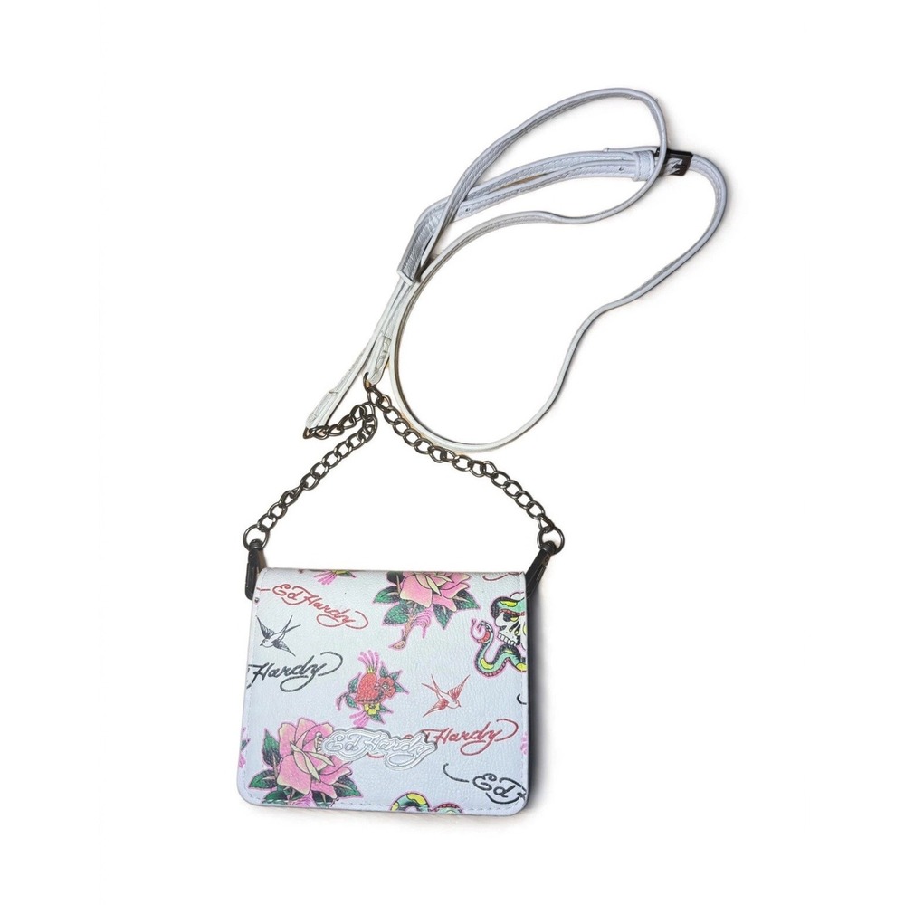 Ed Hardy Crossbody Wallet White Tattoo Print Roses Skull Snake Y2K Mini Purse